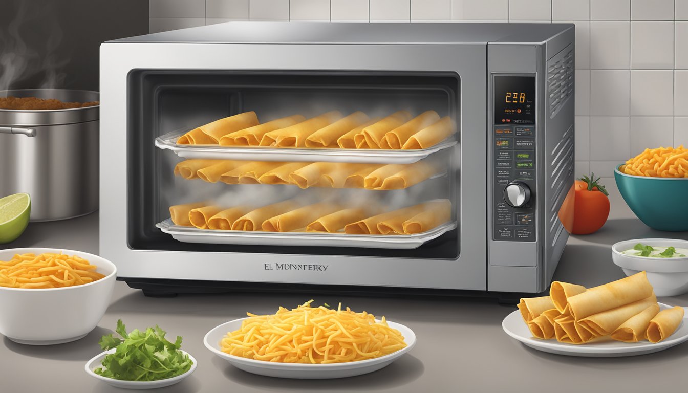 A microwave with a plate of El Monterey chicken cheese taquitos inside, steam rising as they reheat