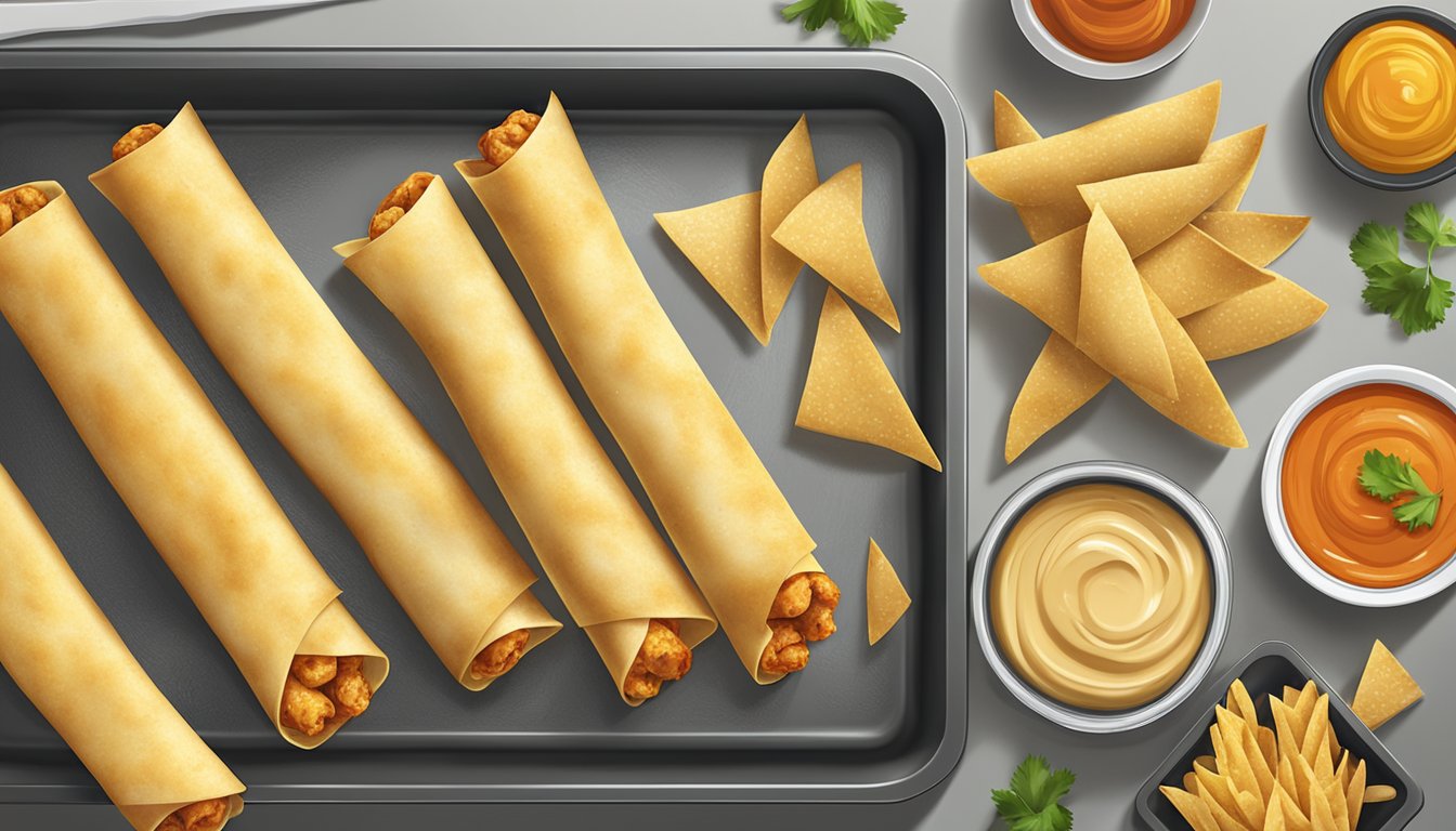 A plate of chicken cheese taquitos placed in the oven on a baking sheet