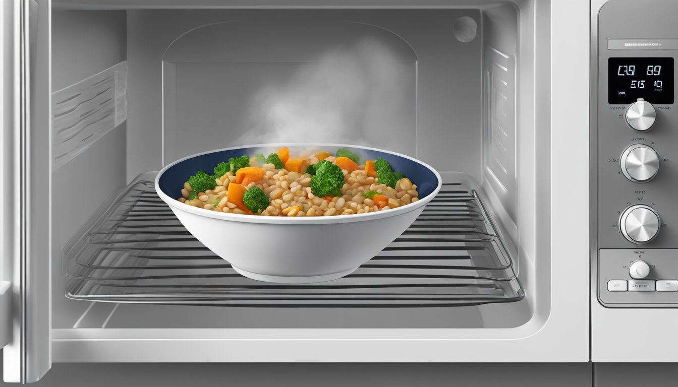 A bowl of farro salad with roasted vegetables being gently reheated in a microwave, steam rising from the dish