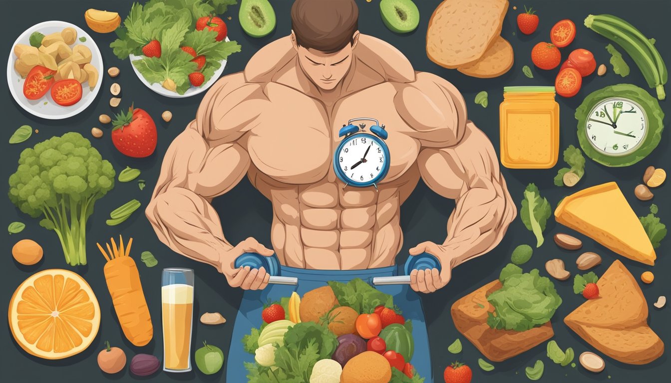 A muscular figure lifting weights while surrounded by a variety of nutrient-dense foods and a clock indicating different fasting and eating periods