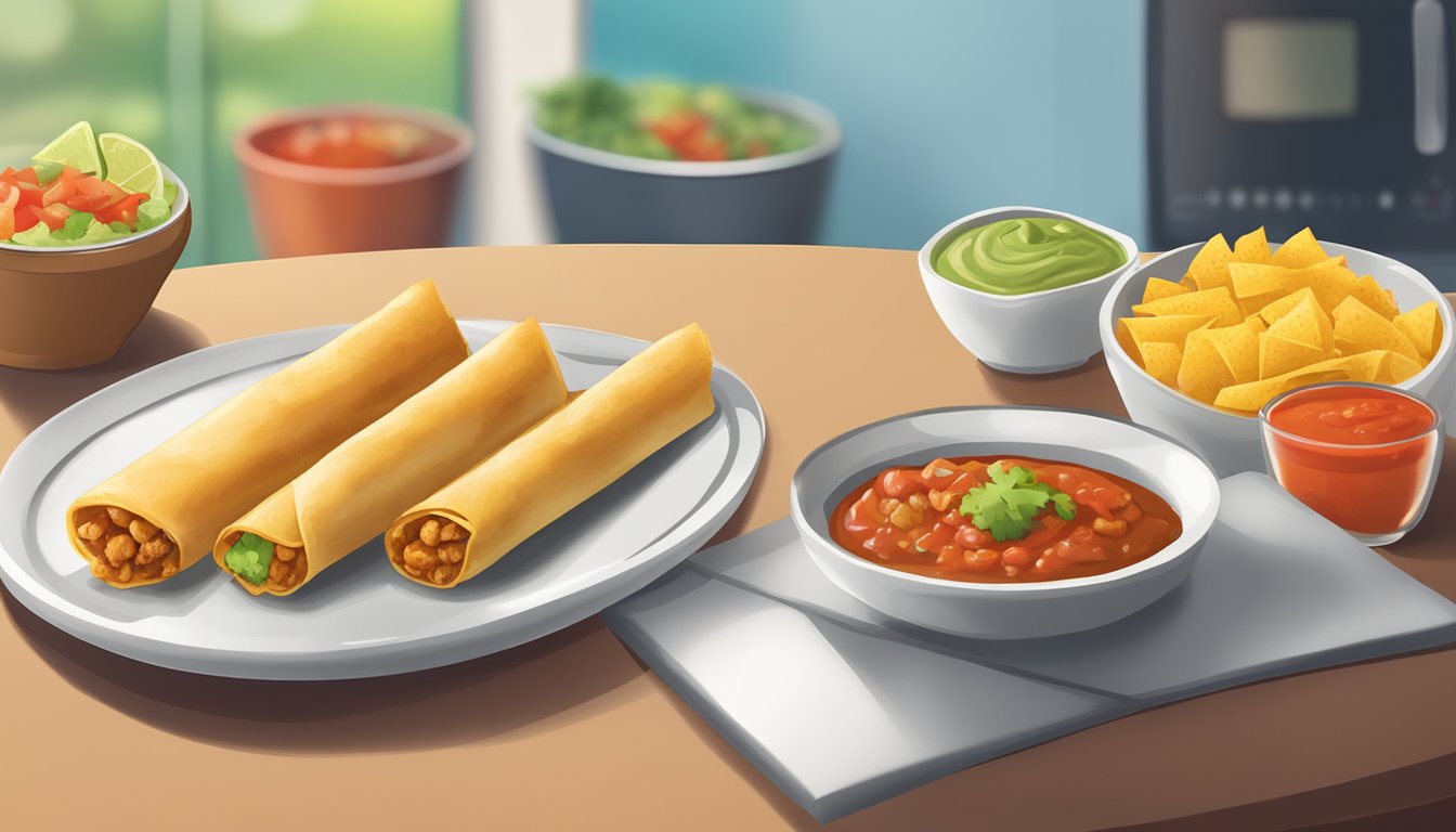 A plate of chicken cheese taquitos with a side of salsa and guacamole, a microwave in the background