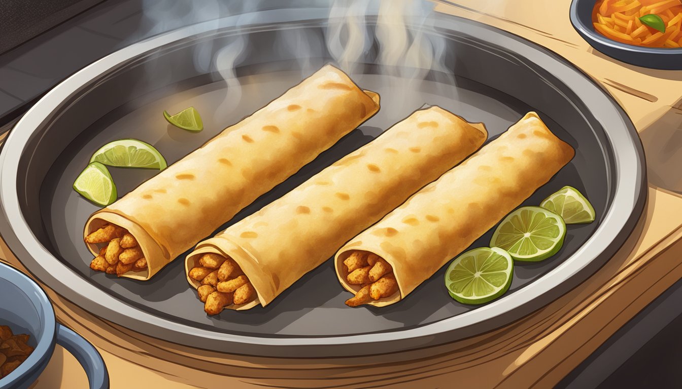 A plate of El Monterey Southwest chicken taquitos being reheated in the oven, with steam rising from the crispy golden shells