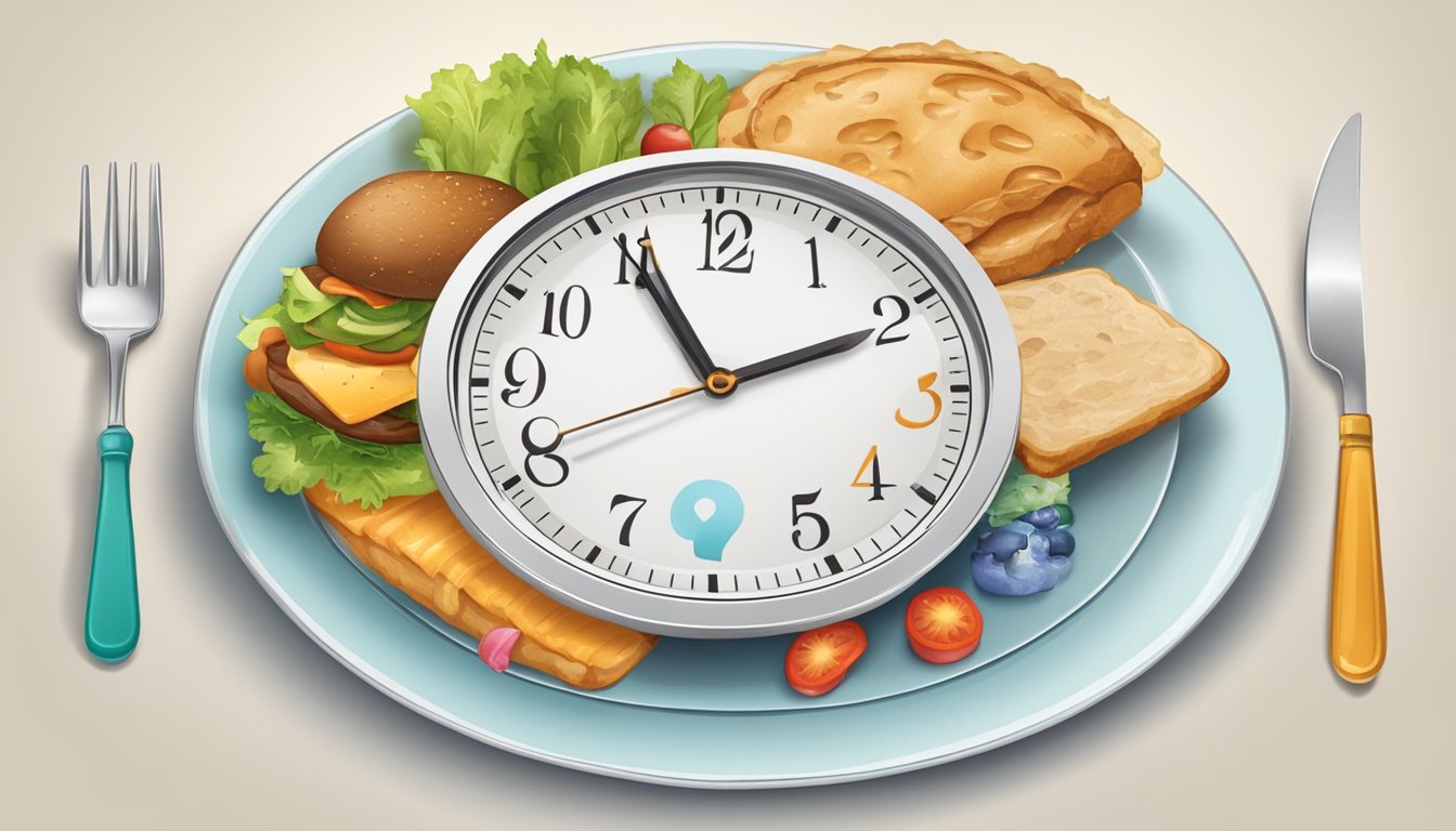 A clock showing different times of the day, a stomach with a question mark, and a plate of food with a question mark