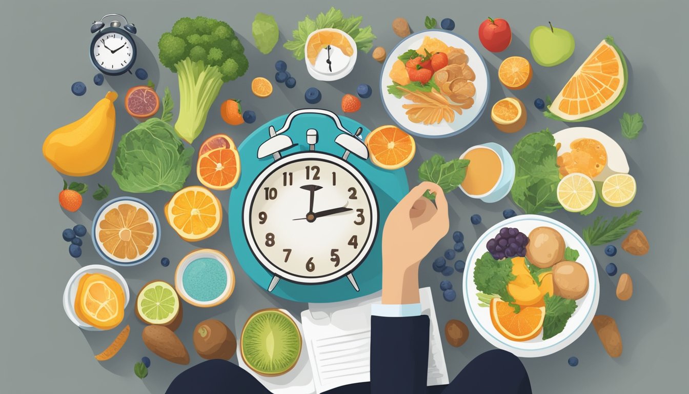 A person sitting at a table with a variety of healthy foods and a clock showing different times, symbolizing intermittent fasting and its potential impact on thyroid health