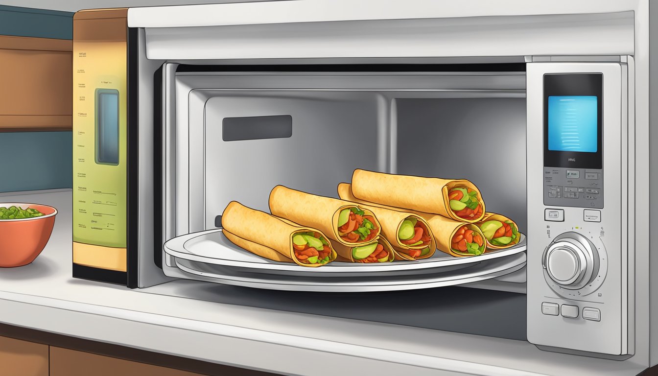 A plate of taquitos being placed in the microwave