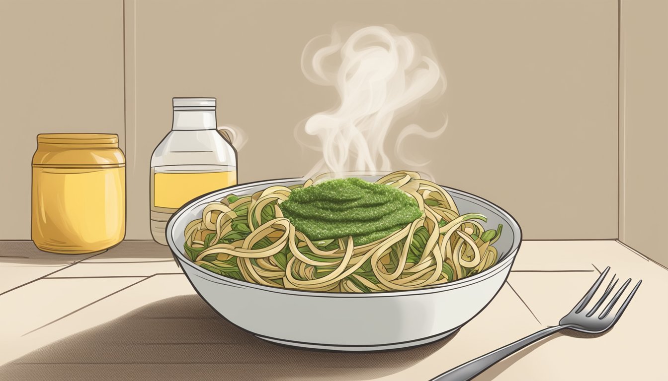 A bowl of fettuccine with pesto sits in a microwave, steam rising as it reheats. A fork rests next to the bowl