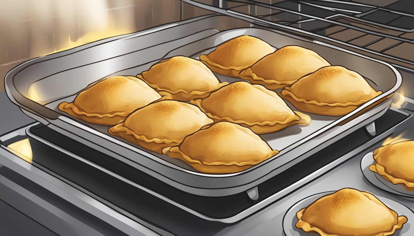 A plate of empanadas being reheated in the oven, with a golden, crispy exterior and steam rising from the hot filling