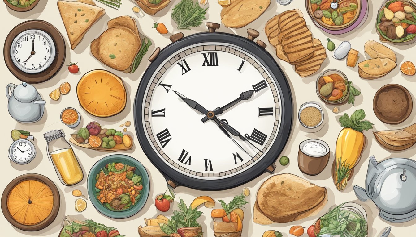 A clock surrounded by various food items, with some marked as "feeding windows" and others as "fasting windows"