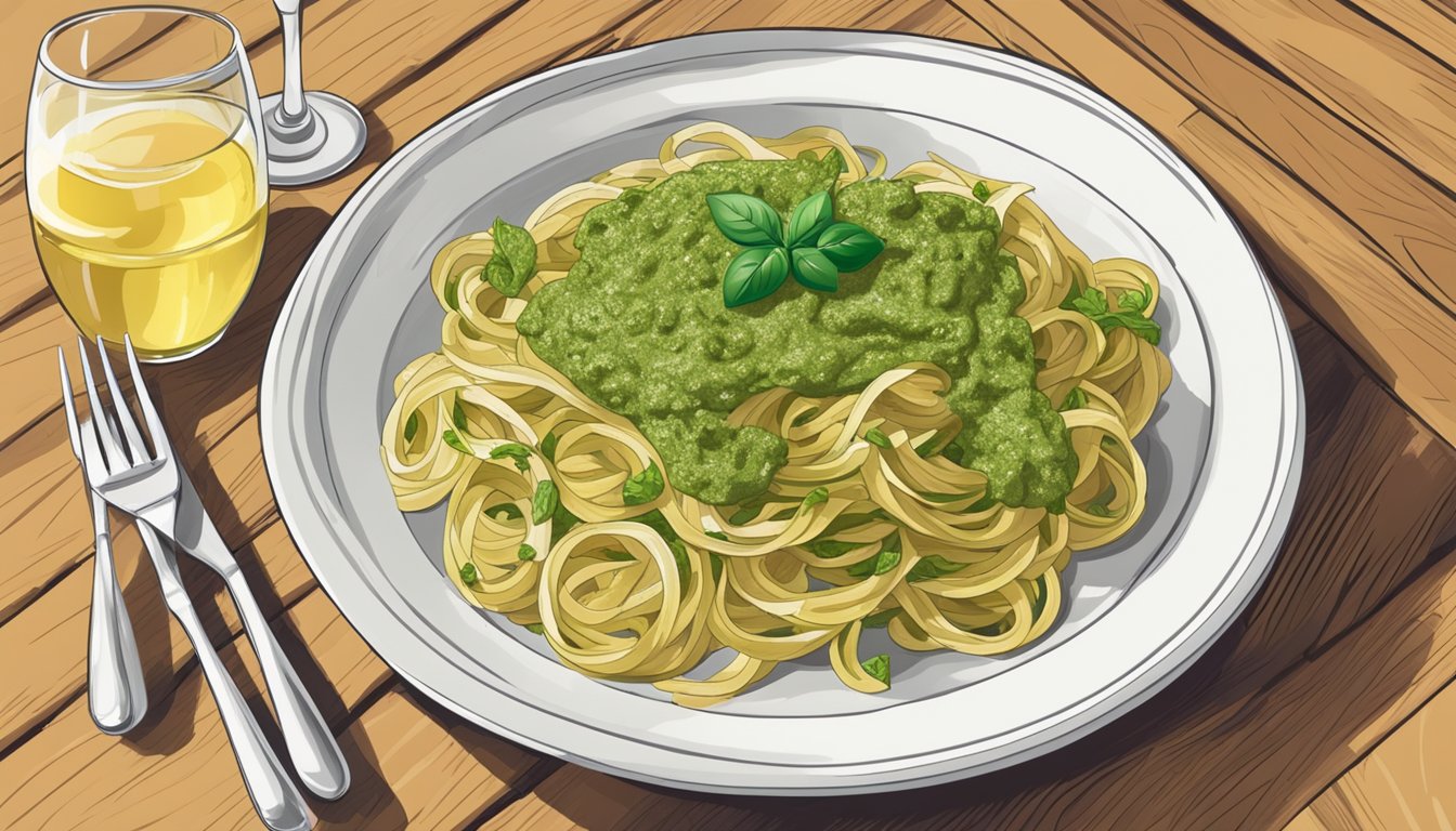 A plate of reheated fettuccine with pesto on a wooden table, accompanied by a glass of white wine