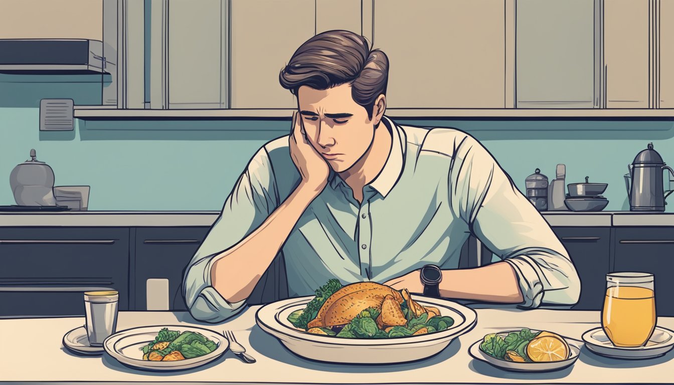 A person sitting at a table with a plate of food in front of them, looking conflicted and unsure while considering whether to eat or continue fasting