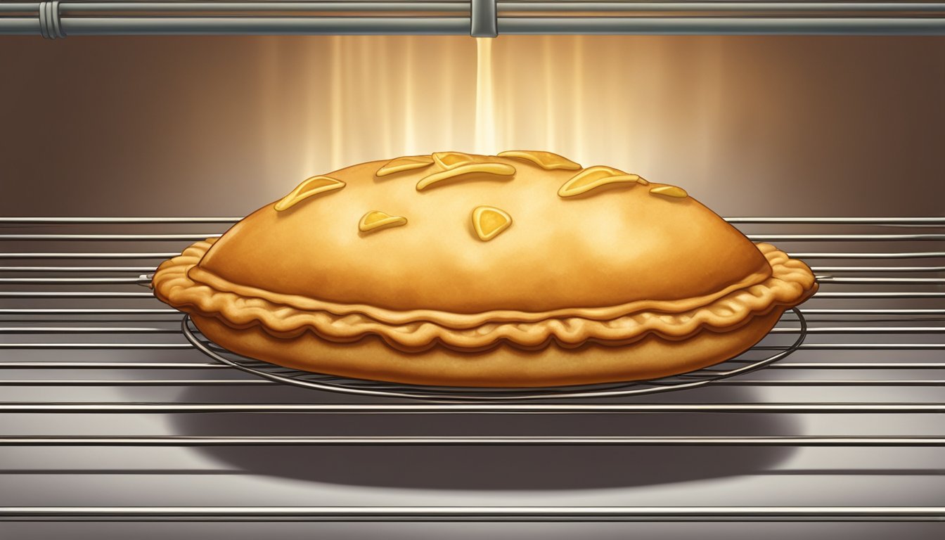 A golden-brown empanada sits on a wire rack in a preheated oven, surrounded by the warm glow of the heating elements