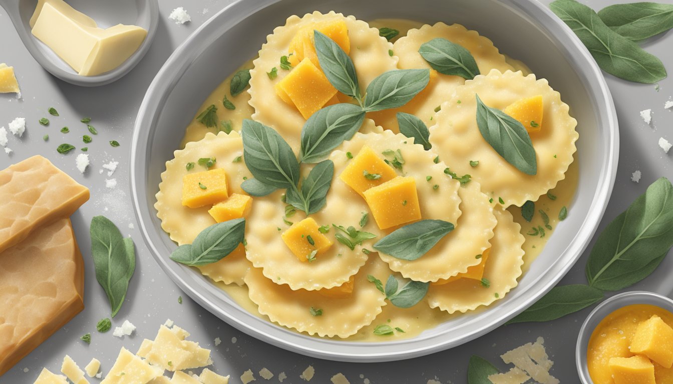 A steaming bowl of butternut squash sage ravioli being gently tossed in a fragrant herb-infused butter sauce, with a sprinkle of freshly grated Parmesan cheese on top