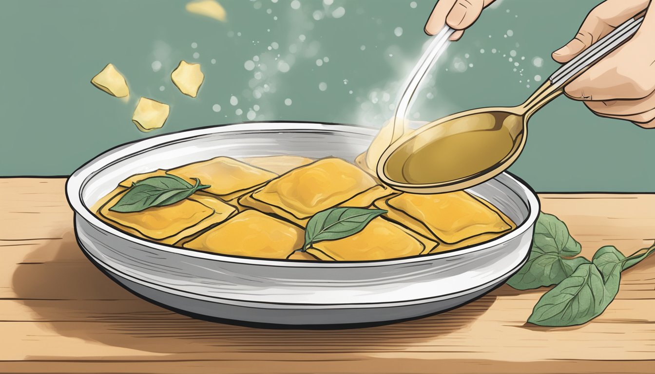 A steaming pot of water with evol butternut squash sage ravioli being gently lifted out with a slotted spoon