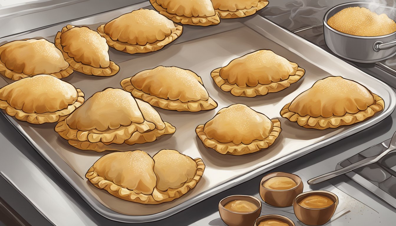 A plate of golden-brown empanadas sits on a baking sheet, surrounded by steam. A fork hovers nearby, ready to dig in