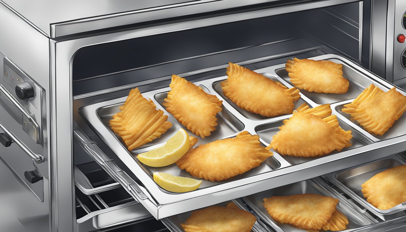 A tray of fish and chips being placed in a preheated oven