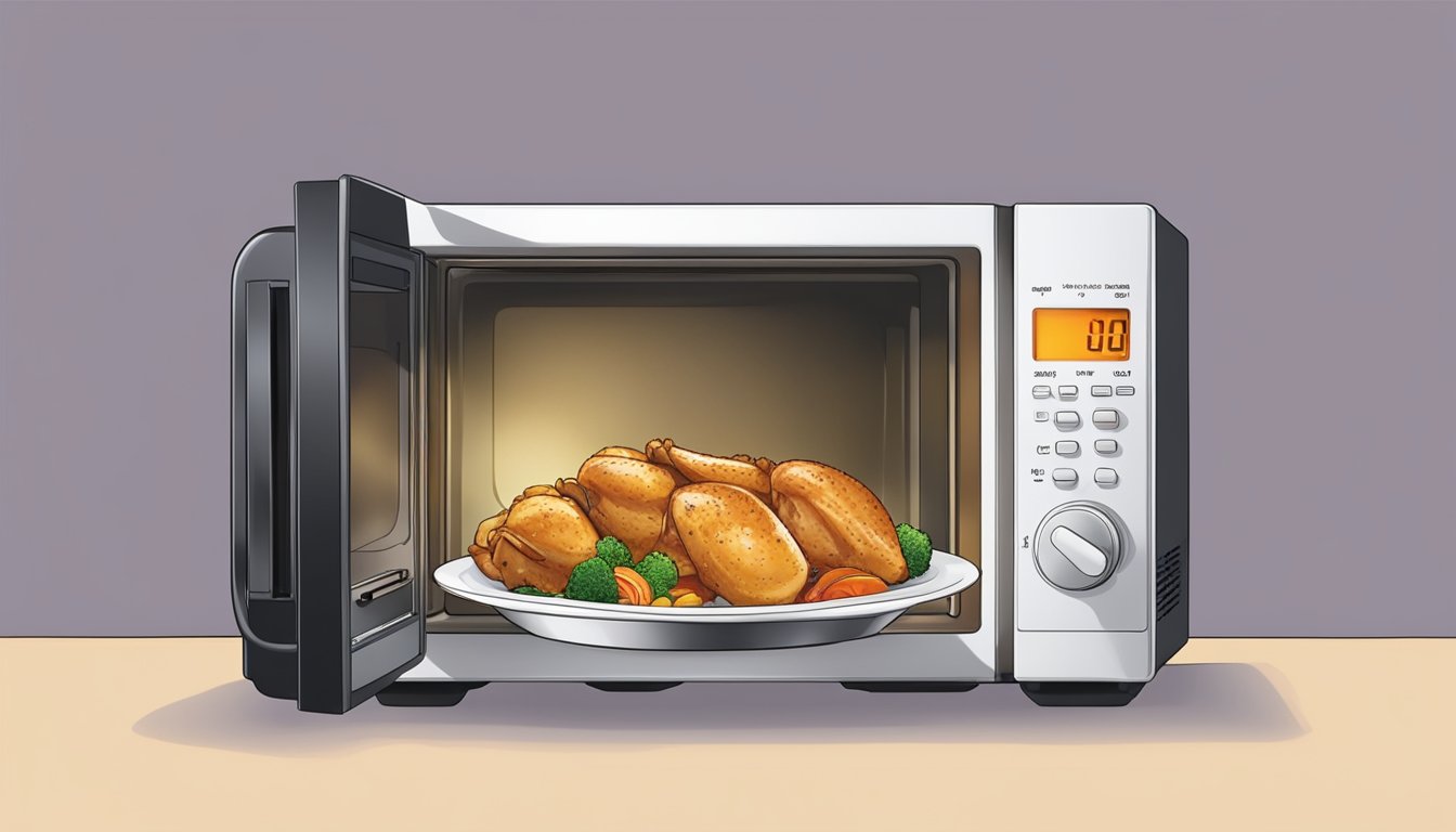 A plate of chicken teriyaki sits in a microwave, with the door closed and the timer set to reheat