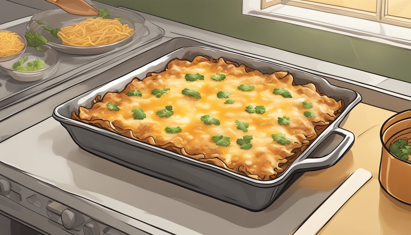 A steaming hot chicken enchilada bake sits on a baking tray, golden brown and bubbling with melted cheese, ready to be served