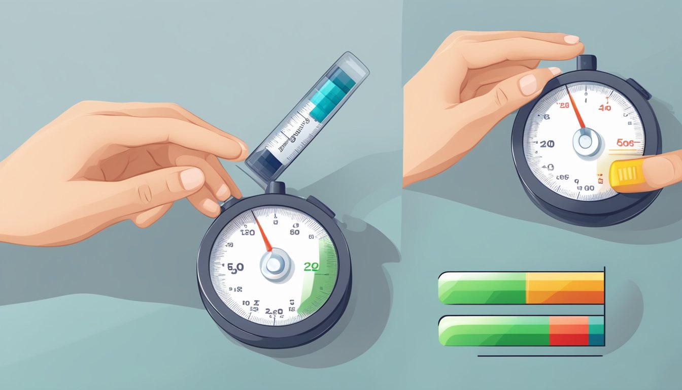 A person measuring blood sugar levels before and after fasting, with a chart showing improvement over time