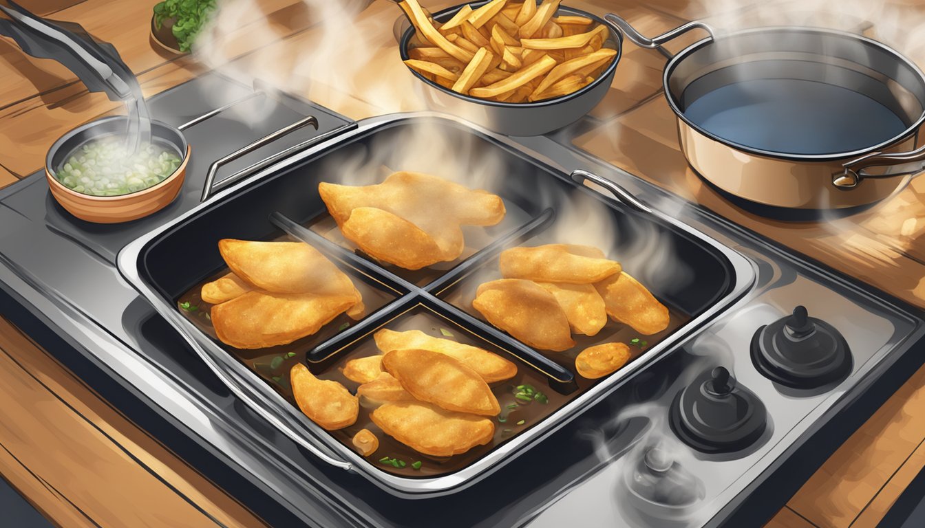 A pan sizzling on the stove, with golden-brown fish and chips being gently reheated, steam rising from the hot food