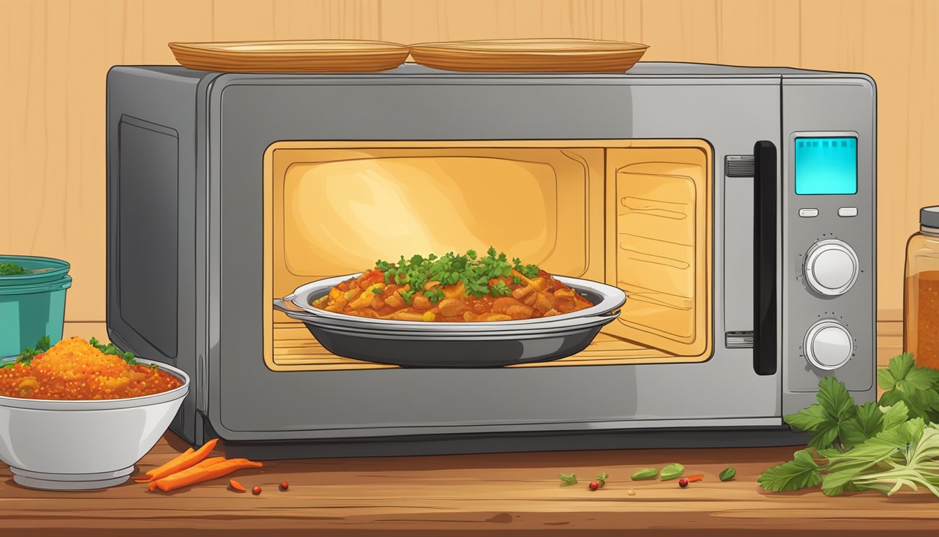 A microwave with a steaming hot plate of chicken enchilada bake on a wooden table, surrounded by colorful spices and herbs