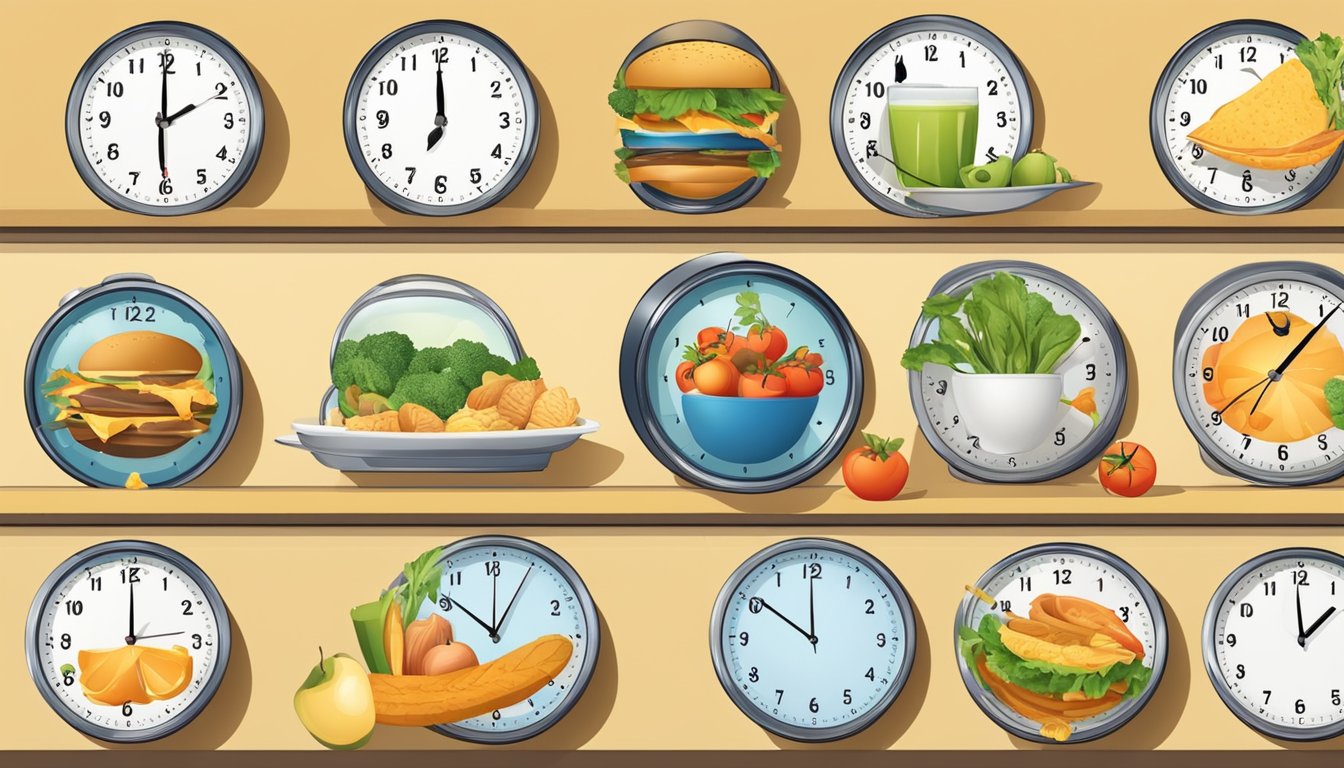 A clock showing different times of day with food and a scale