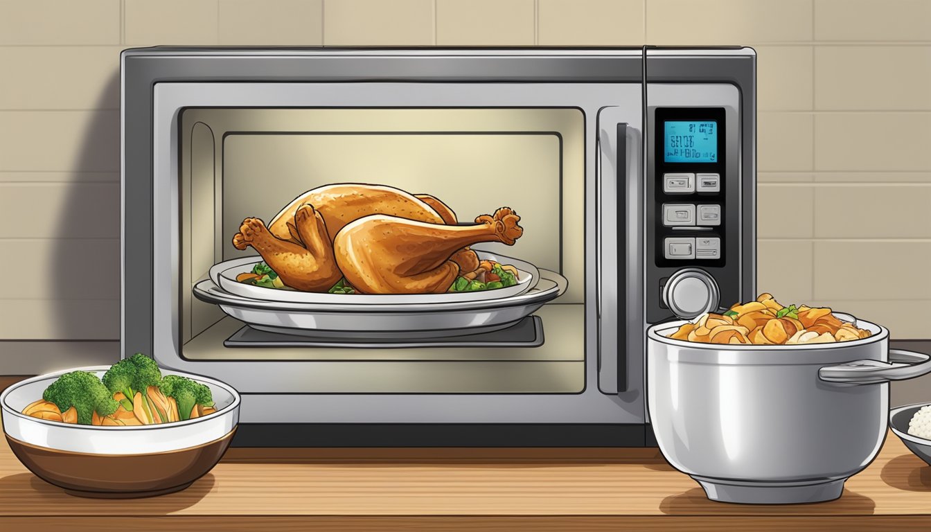 A microwave with a plate of Evol chicken teriyaki inside, a steaming bowl of hot water, and an oven with the chicken teriyaki on a baking sheet