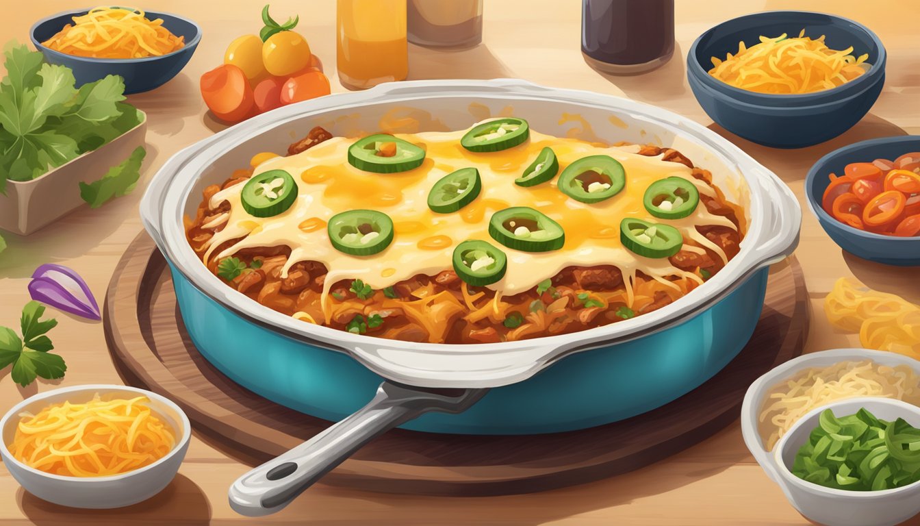 A microwaved Evol chicken enchilada bake sizzling on a plate, steam rising, with melted cheese and bubbling sauce, surrounded by colorful garnishes