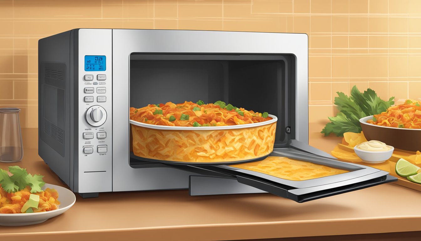 A microwave with a plate of evol chicken enchilada bake inside, rotating as it heats up