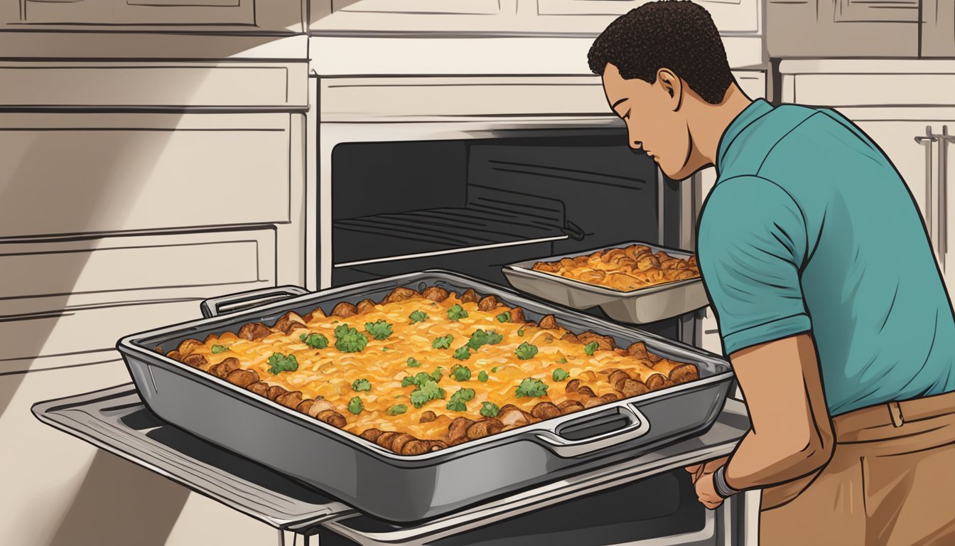 A person placing a tray of Evol chicken enchilada bake into an oven