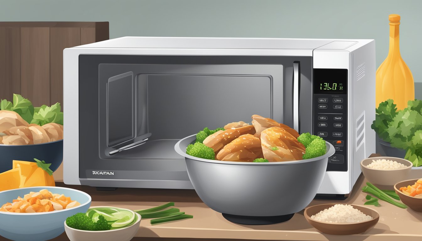 A microwave with a steaming bowl of chicken teriyaki, surrounded by fresh ingredients and a digital timer set for reheating