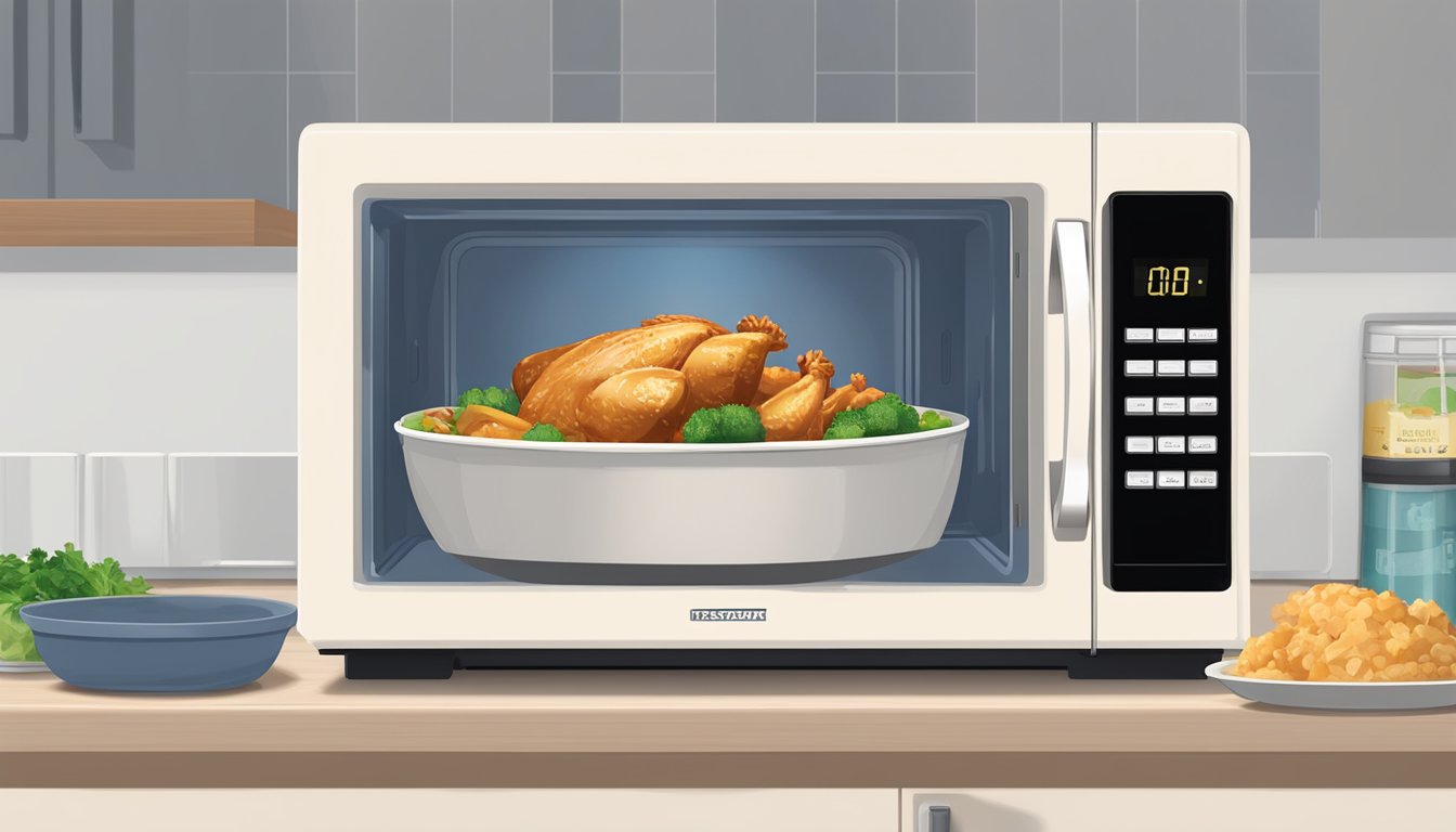 A steaming bowl of teriyaki chicken sits in a microwave, with the door closed and the timer set