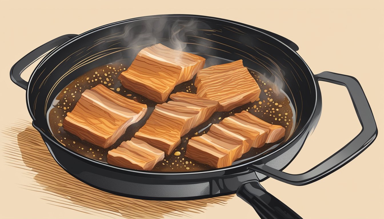 A plate of sliced five spice pork belly being reheated in a skillet, with steam rising and a golden brown color developing