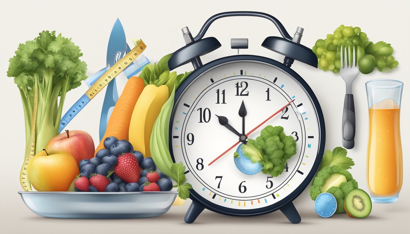 A clock showing different times of day with healthy food and water on one side, and a scale and measuring tape on the other