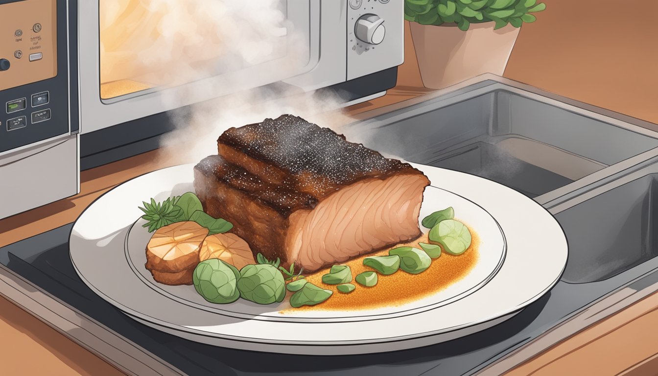 A plate of five spice pork belly being reheated in a microwave, steam rising from the succulent meat, with a sprinkle of seasoning for added flavor