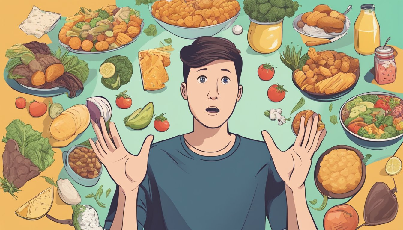 A person with a confused expression surrounded by various types of food, some healthy and some unhealthy, with a question mark hovering over their head