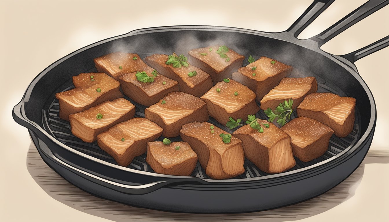 A plate of sliced five spice pork belly being gently reheated in a skillet, emitting savory aroma