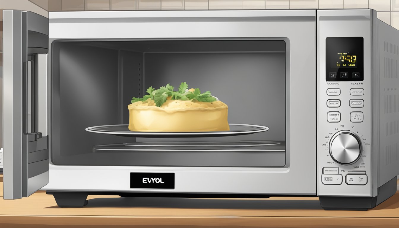 A microwave with an open door, a plate of evol portabella goat cheese ravioli inside, and a timer set for reheating