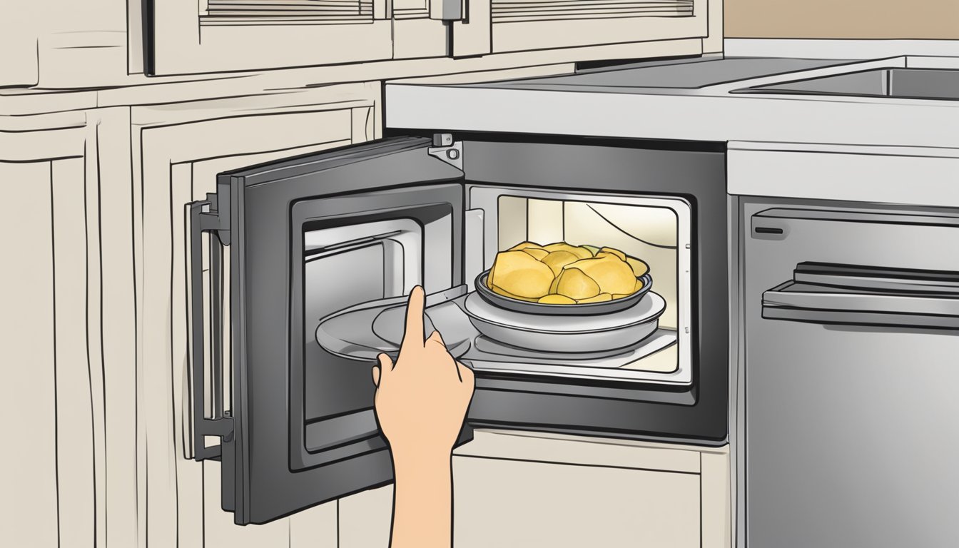 A person placing a container of Evol portabella goat cheese ravioli in the microwave, with the microwave door open and a hand reaching for the microwave controls