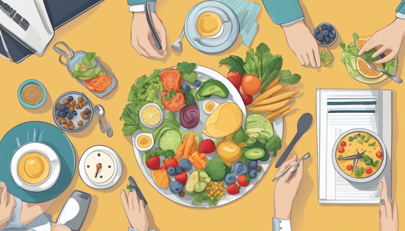 A table set with a variety of healthy foods, a clock showing different times, and a person engaging in various activities throughout the day