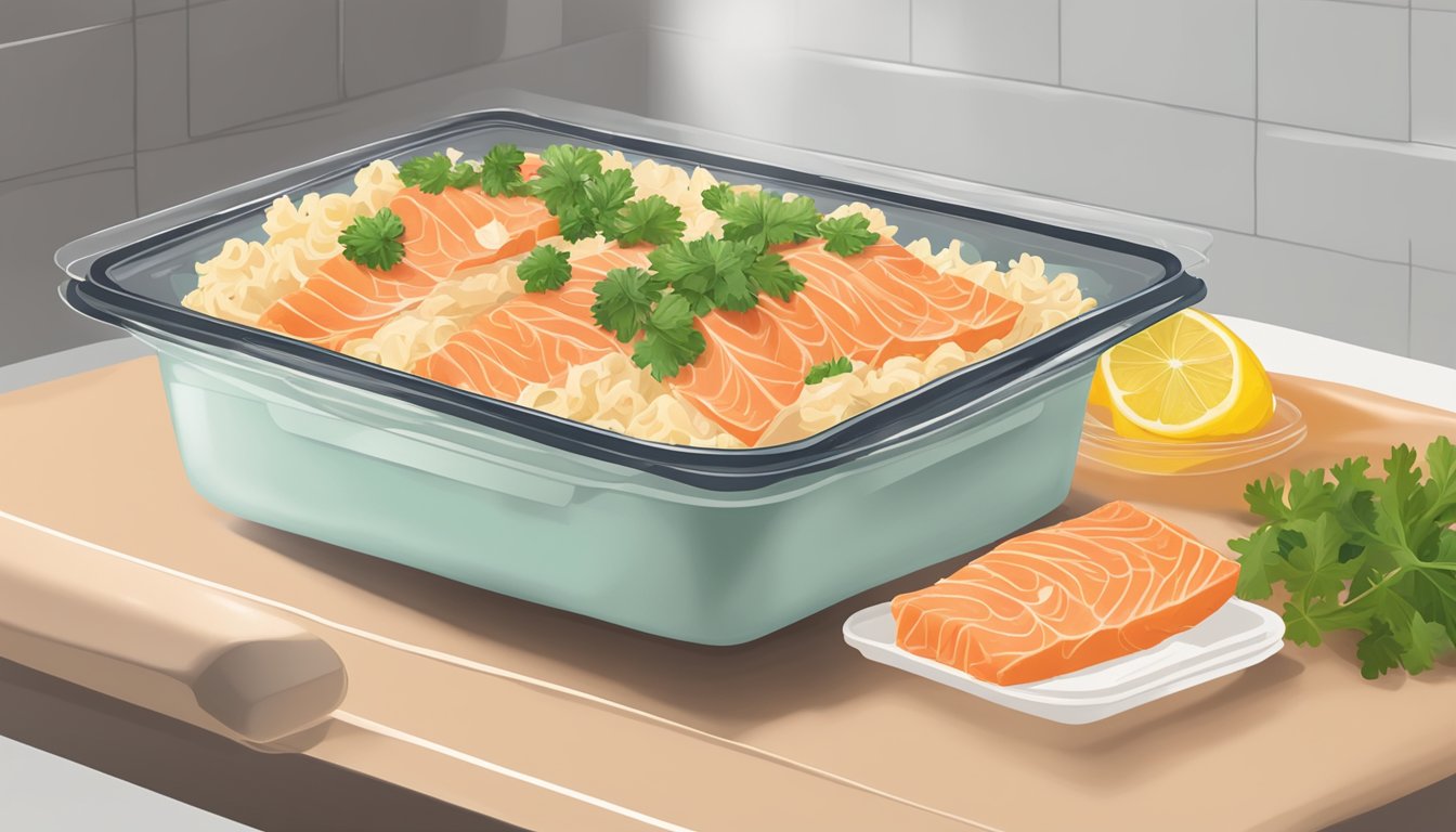 Farfalle and salmon in a microwave-safe dish, covered with a microwave-safe lid, being reheated in the microwave