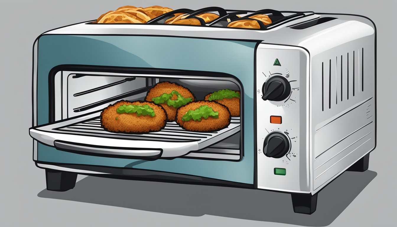 A plate with falafel wraps being heated in a toaster oven