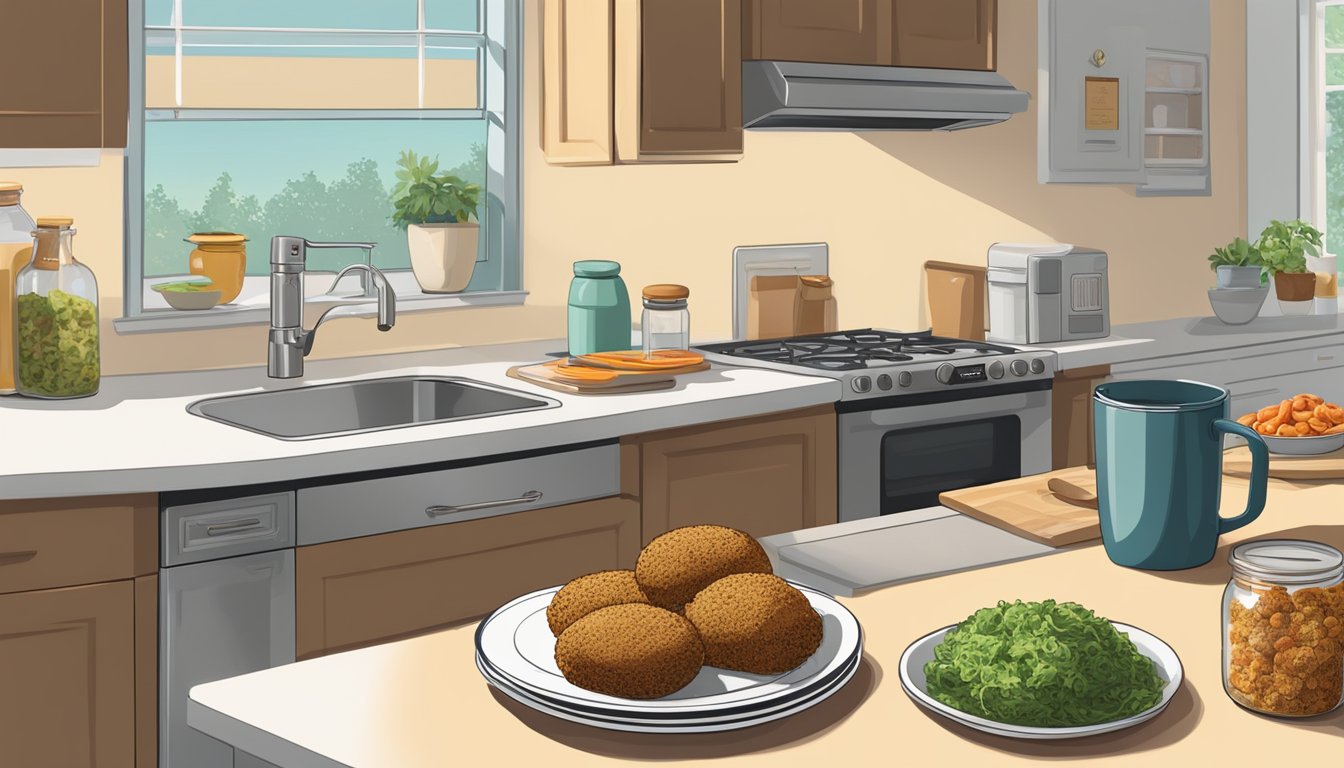 A kitchen counter with a neatly organized pantry, a microwave, and a plate with a perfectly reheated falafel wrap