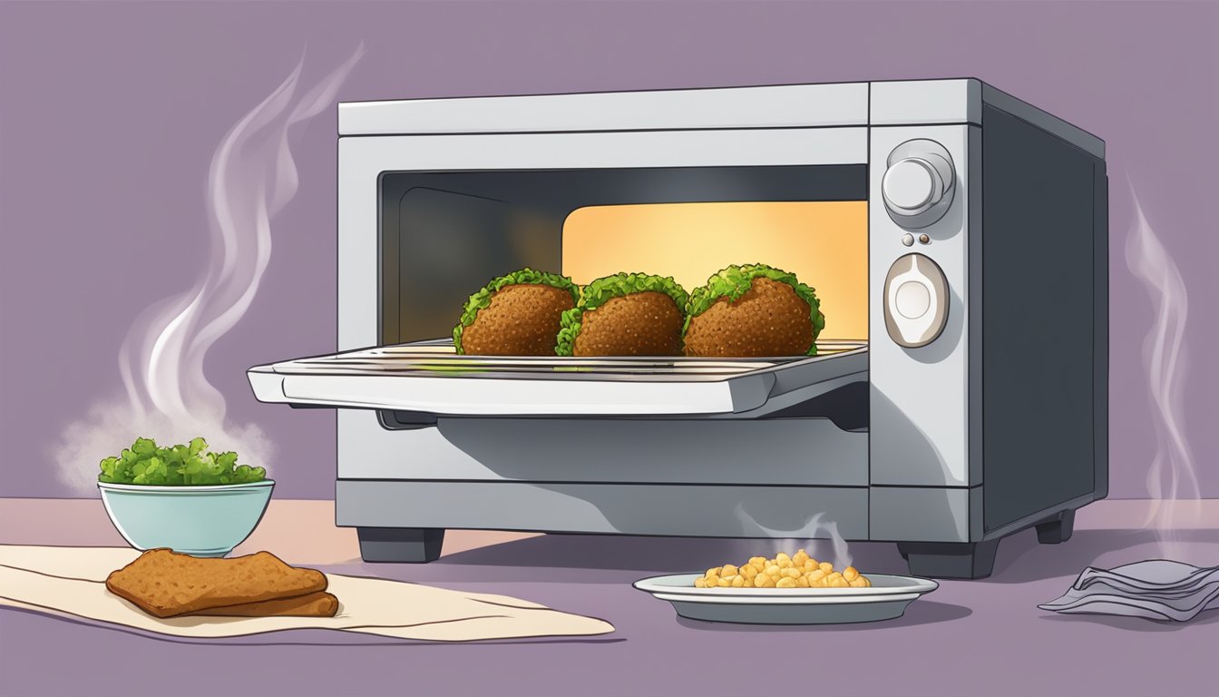 A plate with a falafel wrap being reheated in a microwave, steam rising from the wrap as it heats up evenly