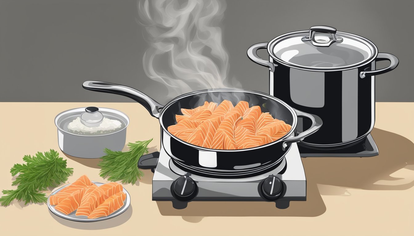 A pot of boiling water with farfalle pasta and salmon being gently reheated over a stovetop