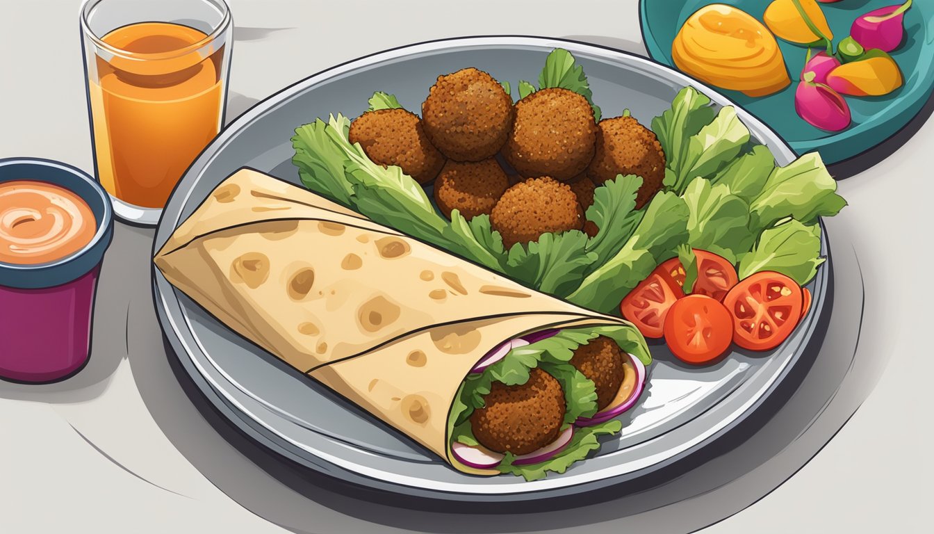 A plate with a reheated falafel wrap, surrounded by colorful vegetables and a side of sauce