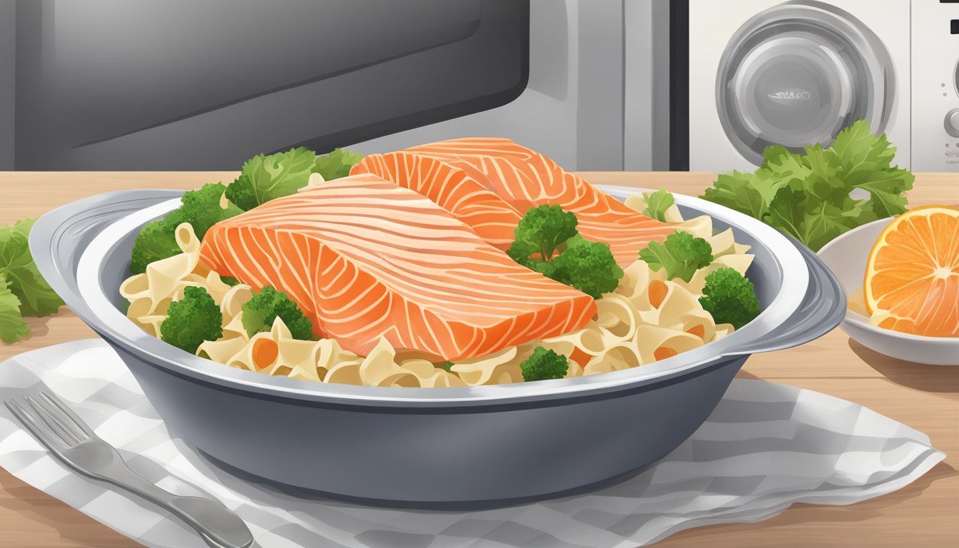 Farfalle and salmon in a microwave-safe dish, covered with a microwave-safe lid, placed in the microwave