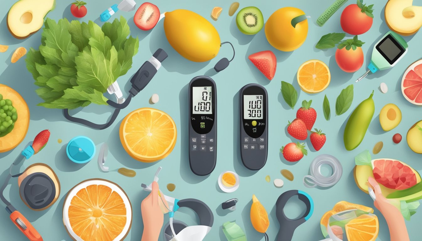 A person measuring blood sugar levels with a glucose meter, surrounded by healthy food and exercise equipment