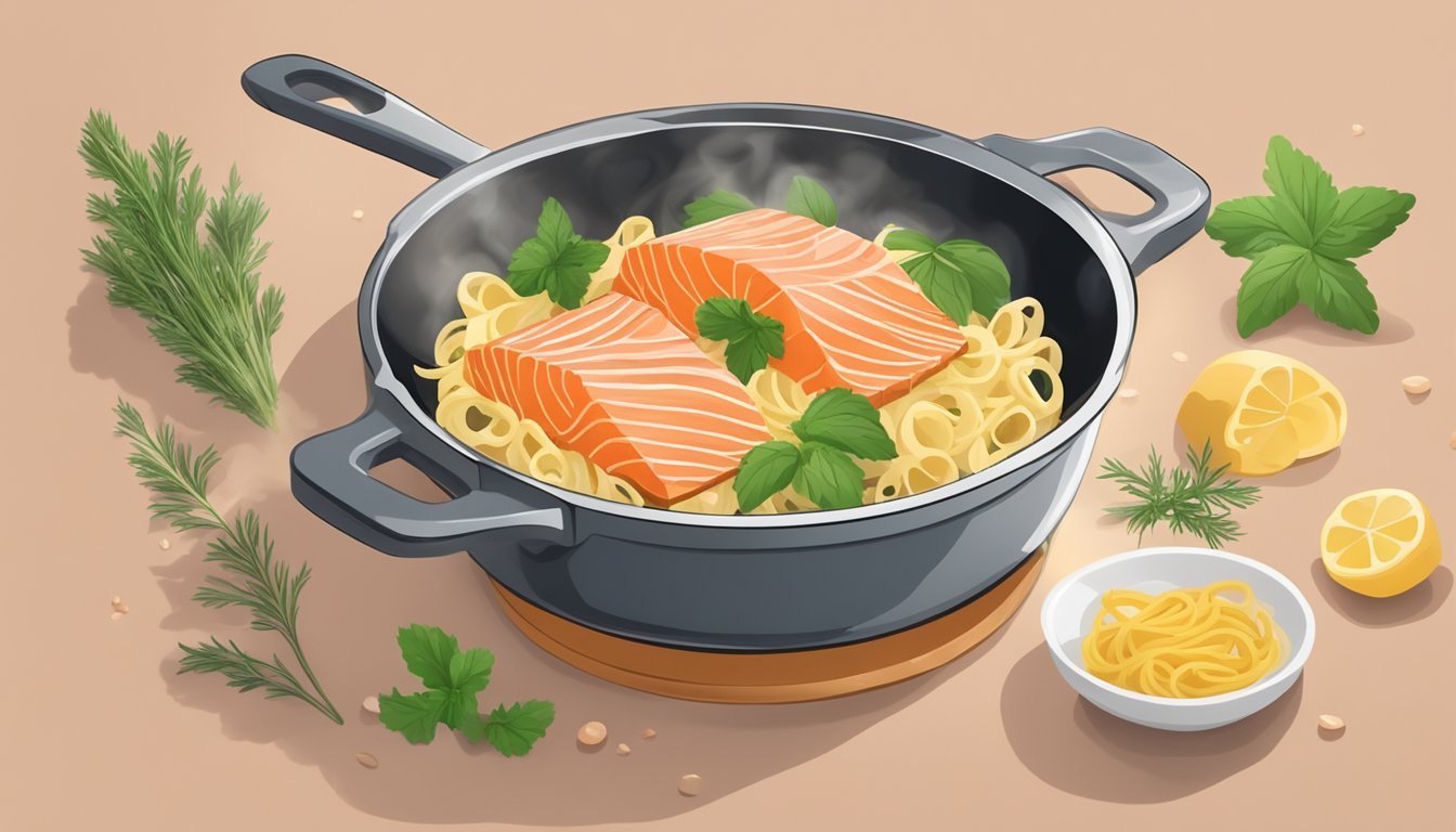 A pot of boiling water with farfalle pasta and a piece of salmon being reheated in a skillet. Various herbs and spices are being used for garnishing