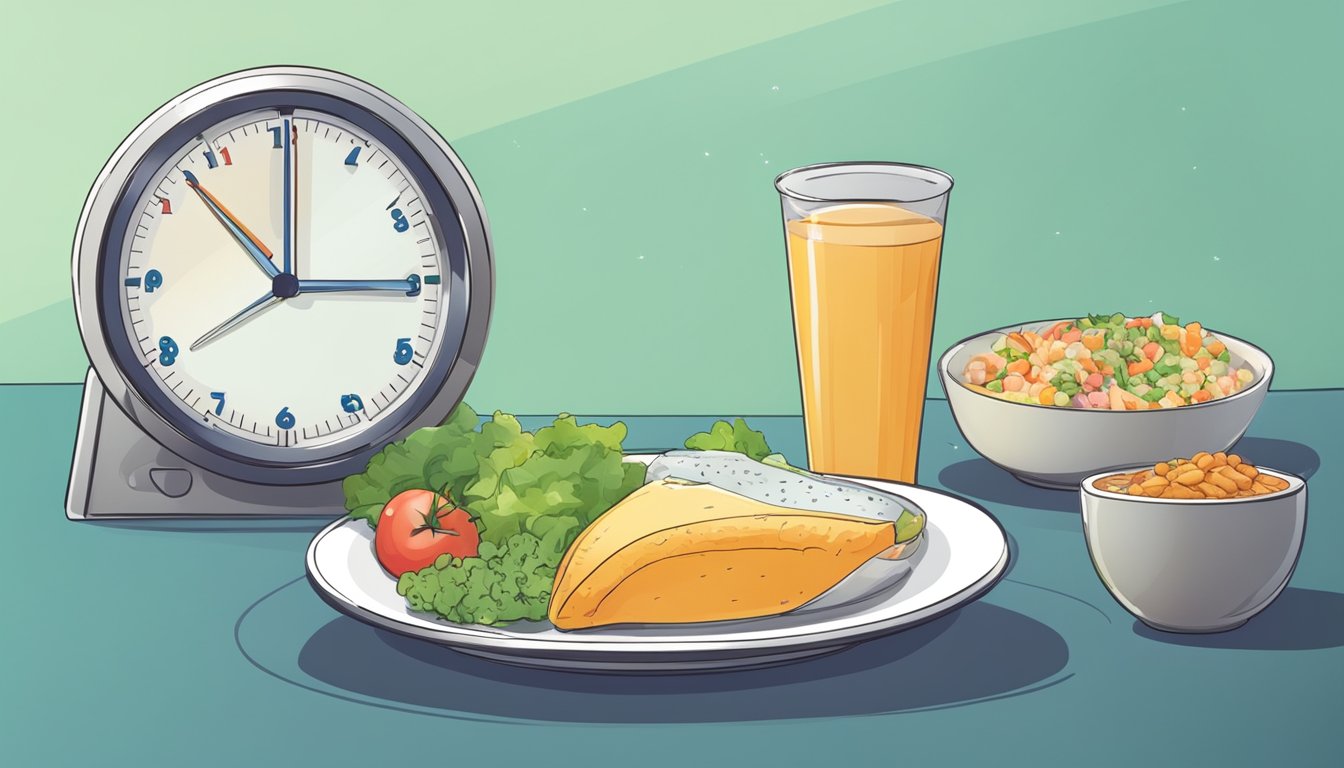 A clock showing different times of day, a plate of food, and a graph showing a decrease in A1C levels