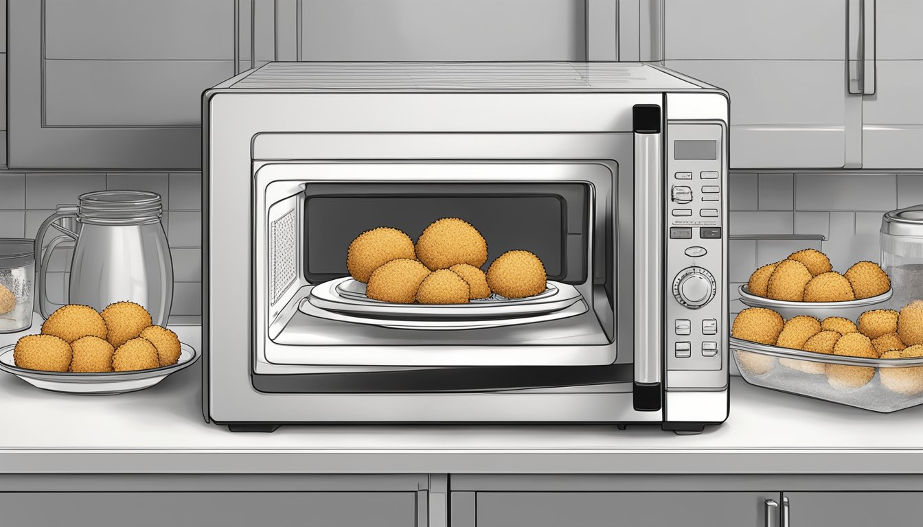 A plate of frozen Farm Rich breaded mushrooms sits next to a microwave with the door open, ready to be reheated